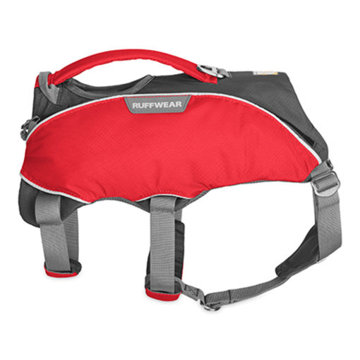 Profile view of the Ruffwear Web Master Pro Harness, a lift-and-assist harness designed to address the needs of professional avalanche and Search and Rescue teams