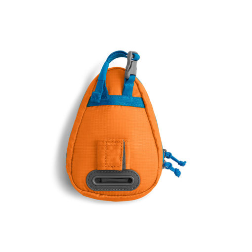 Showing back of the Ruffwear Stash Bag™ pick-up bag / poo bag storage and dispensing system. Poppy Orange.