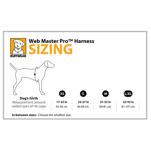 Sizing Chart for the Ruffwear Web Master Pro Harness, a lift-and-assist harness.